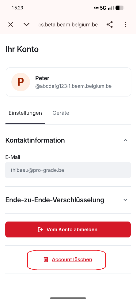 Schaltfläche „Konto löschen" auf der Kontoseite
