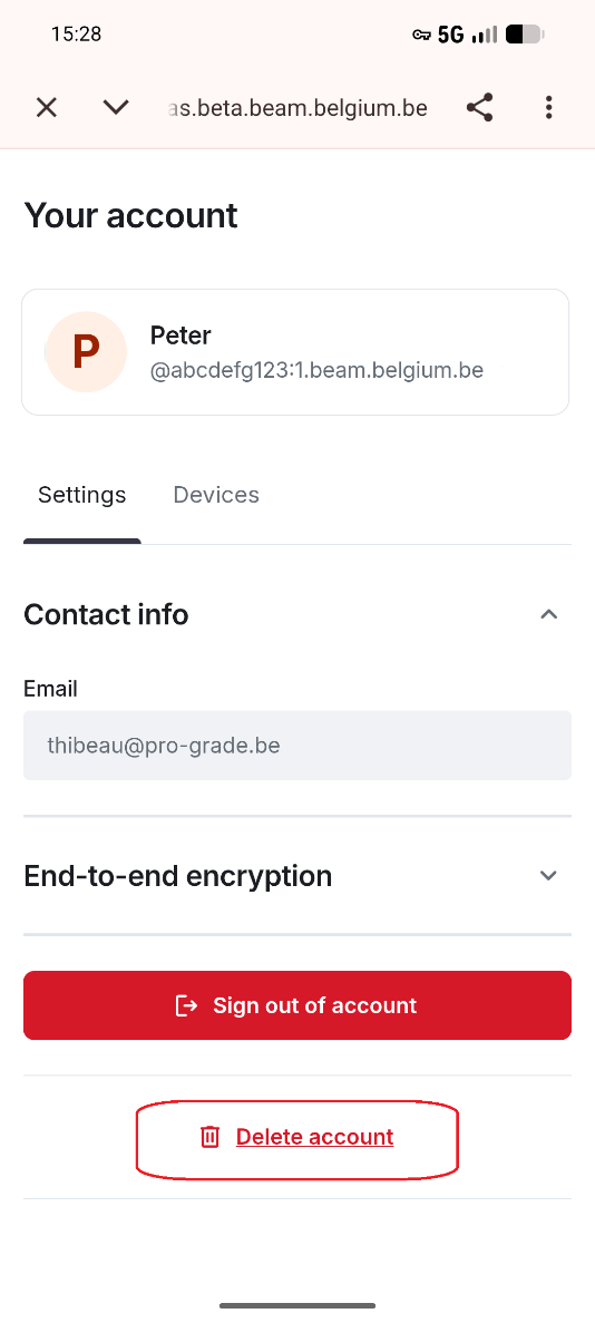 Delete account button on the account page