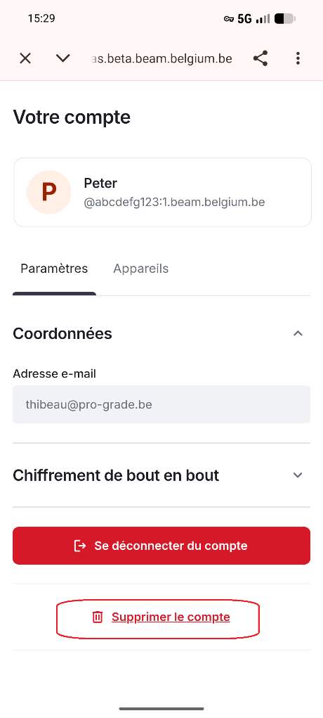 Bouton Supprimer le compte sur la page du compte