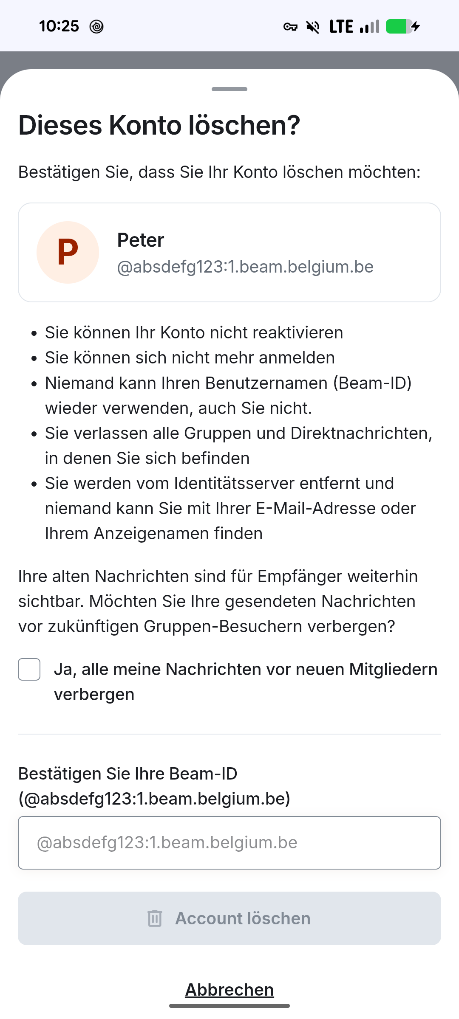 Bestätigungsdialog zum Löschen des Kontos