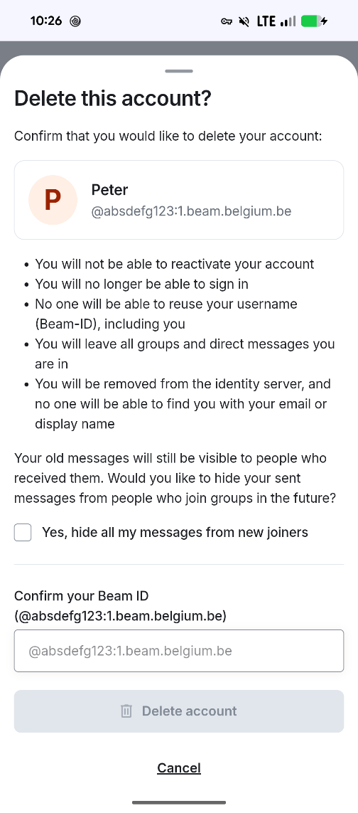 Delete account confirmation dialog