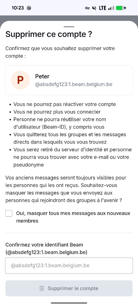 Fenêtre de confirmation de suppression du compte