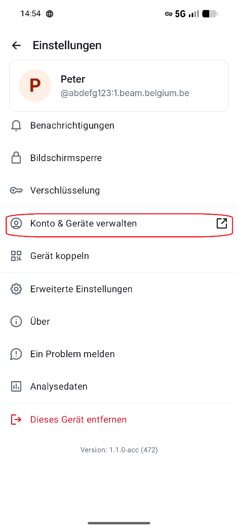 Konto & Geräte verwalten in den Beam-Einstellungen