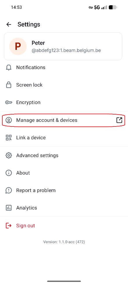 Manage account & devices in Beam settings