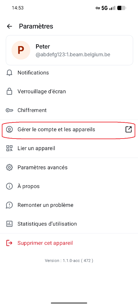 Gérer le compte et les appareils dans les paramètres Beam