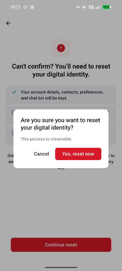 Confirmation dialog for resetting your digital identity