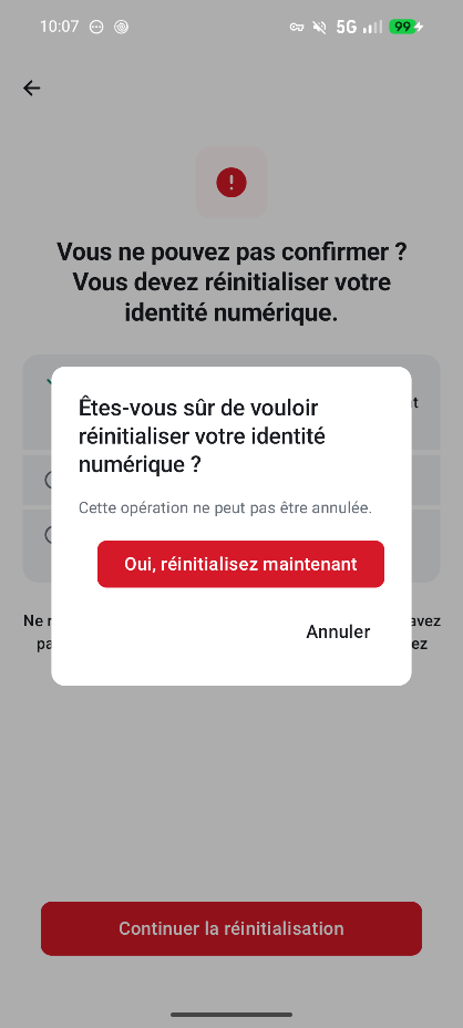 Fenêtre de confirmation pour réinitialiser votre identité numérique