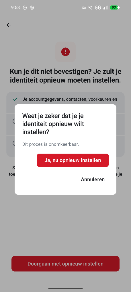 Bevestigingsvenster om je digitale identiteit opnieuw in te stellen