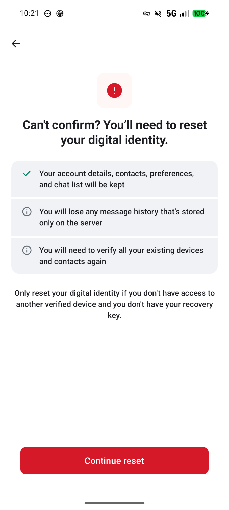 Can't confirm screen with the Continue reset button