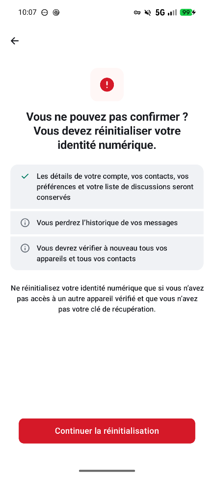 Écran de confirmation impossible avec le bouton Continuer la réinitialisation