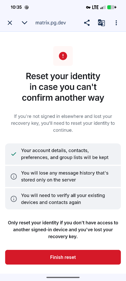 Reset your identity screen with the Finish reset button