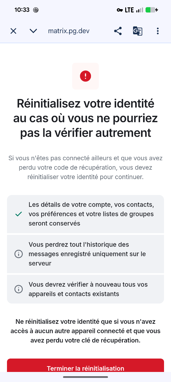 Écran de réinitialisation de l'identité avec le bouton Terminer la récupération