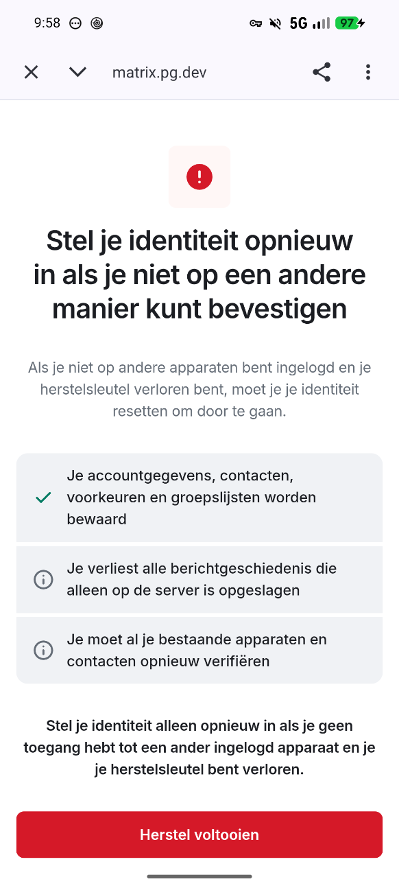 Stel je identiteit opnieuw in scherm met de knop Herstel voltooien