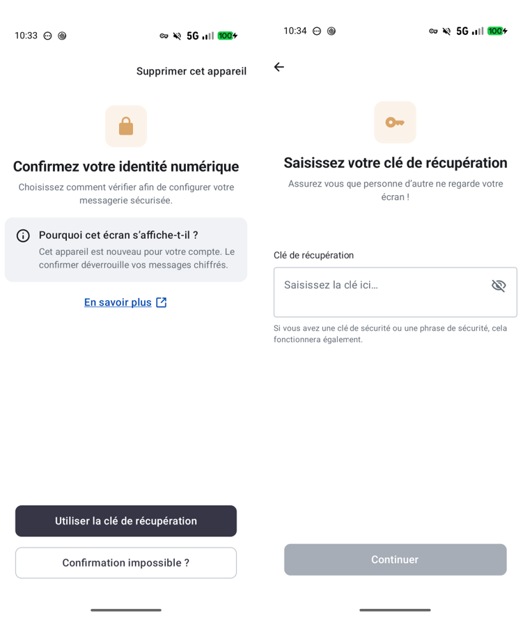 Confirmez votre identité numérique et saisissez votre clé de récupération