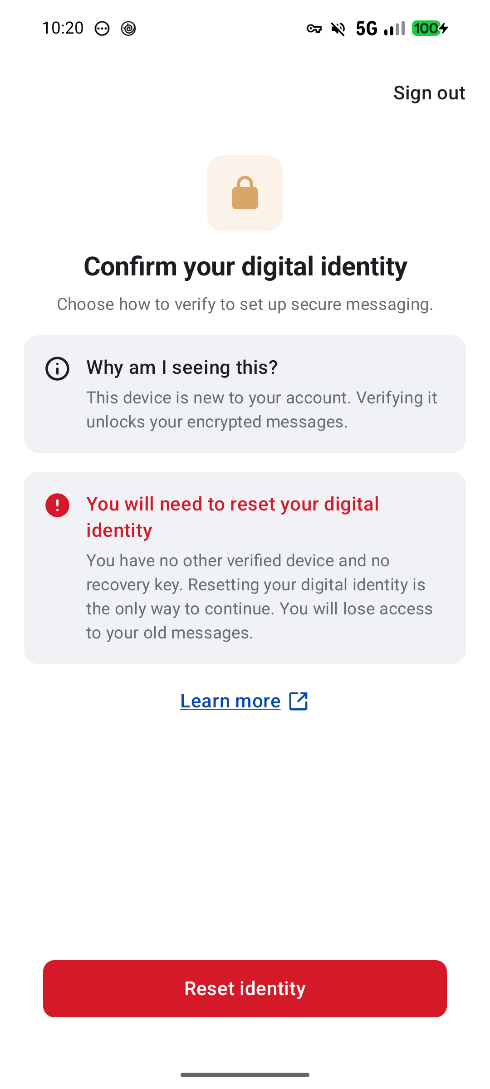 Confirm your digital identity screen with the Reset identity button