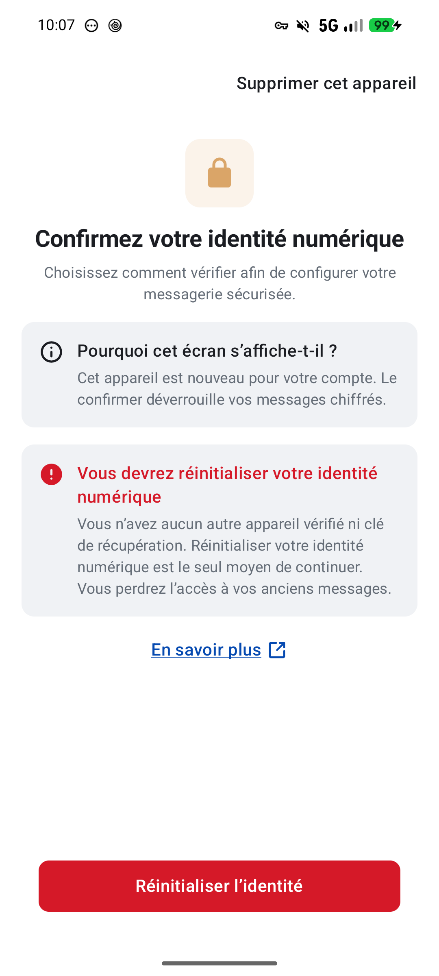 Écran de confirmation de votre identité numérique avec le bouton Réinitialiser l'identité