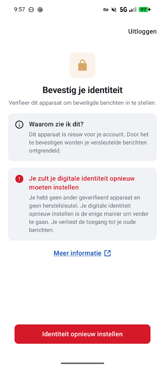 Bevestig je identiteit scherm met de knop Identiteit opnieuw instellen