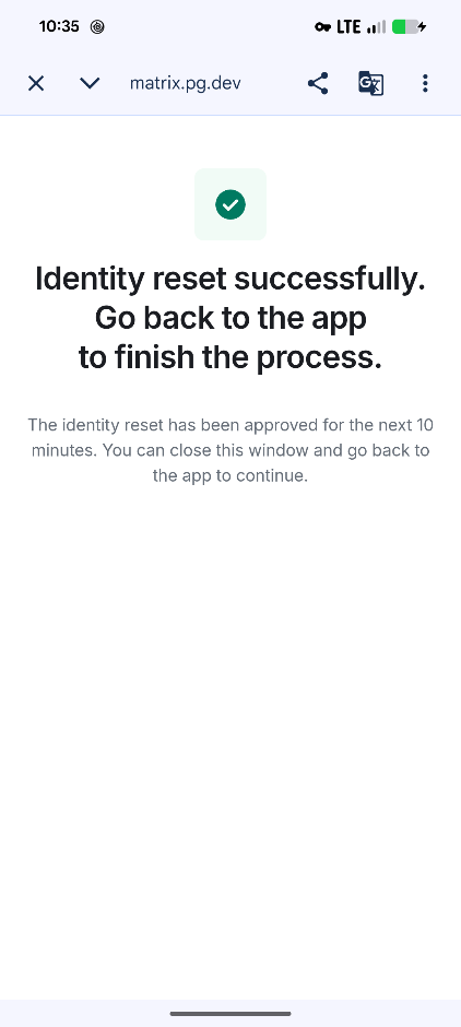 Identity reset successfully confirmation screen