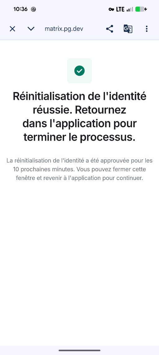 Écran de confirmation que la réinitialisation de l'identité a réussi