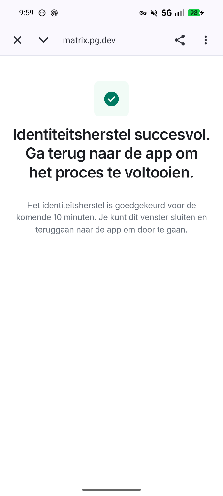 Scherm met bevestiging dat het identiteitsherstel succesvol was